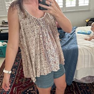 Free People Flowy Boho Print Tank Top - Cream Brown